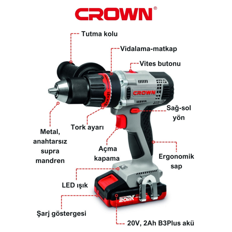 Crown Akülü Vidalama 20V-2Ah - CT21076HMX-2 BMC